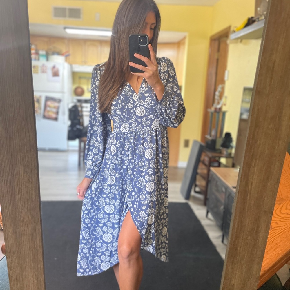 LC Lauren Conrad Navy Floral Long Sleeve Wrap Dress